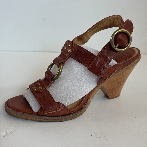Frye Mandy T Strap brown leather up gladiator gold hardware open toe sandal cone - Picture 12 of 16